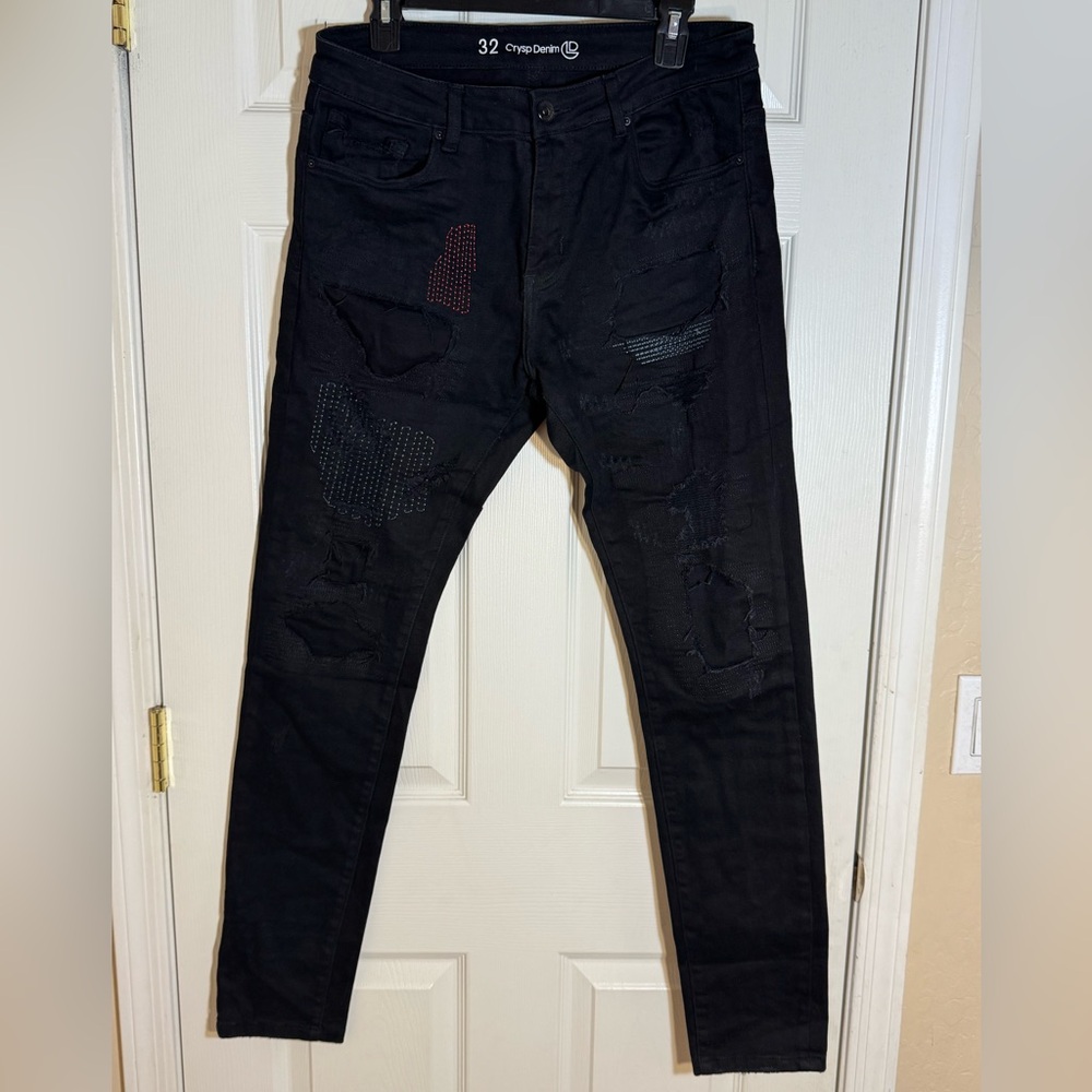 Crysp Denim Black Distressed Skinny Jeans –‎ Studded Patch Detail, Size 32